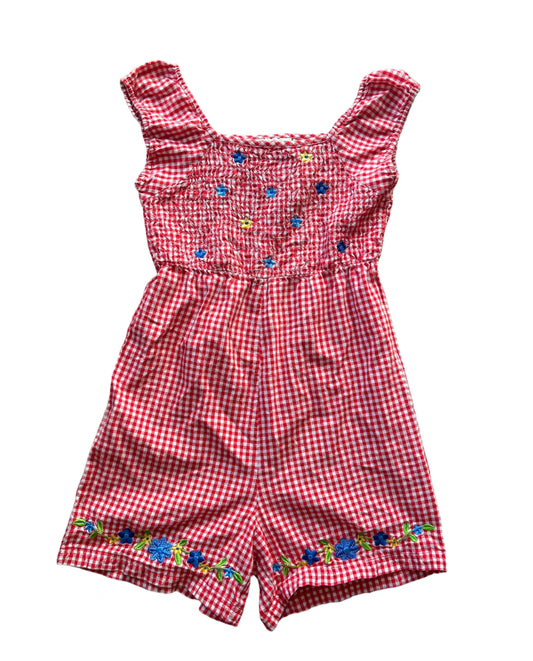 Vintage Kids 1990s Basic Editions Plaid Embroidered Flowers Romper Jumpsuit 7-8 Years