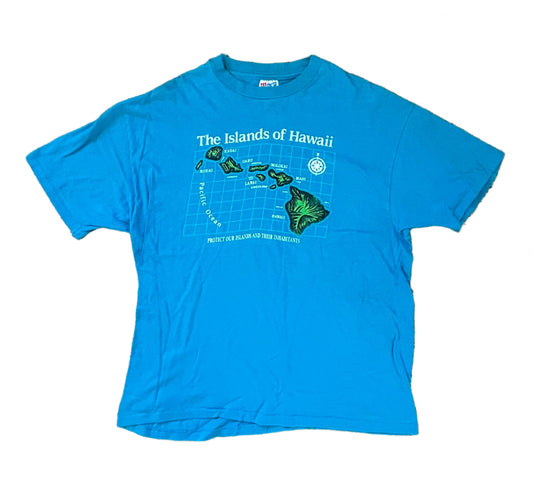 Vintage 1993 Original Islands Of Hawaii Single Stitch Beefy Hanes Label Blue Cotton T-shirt XL