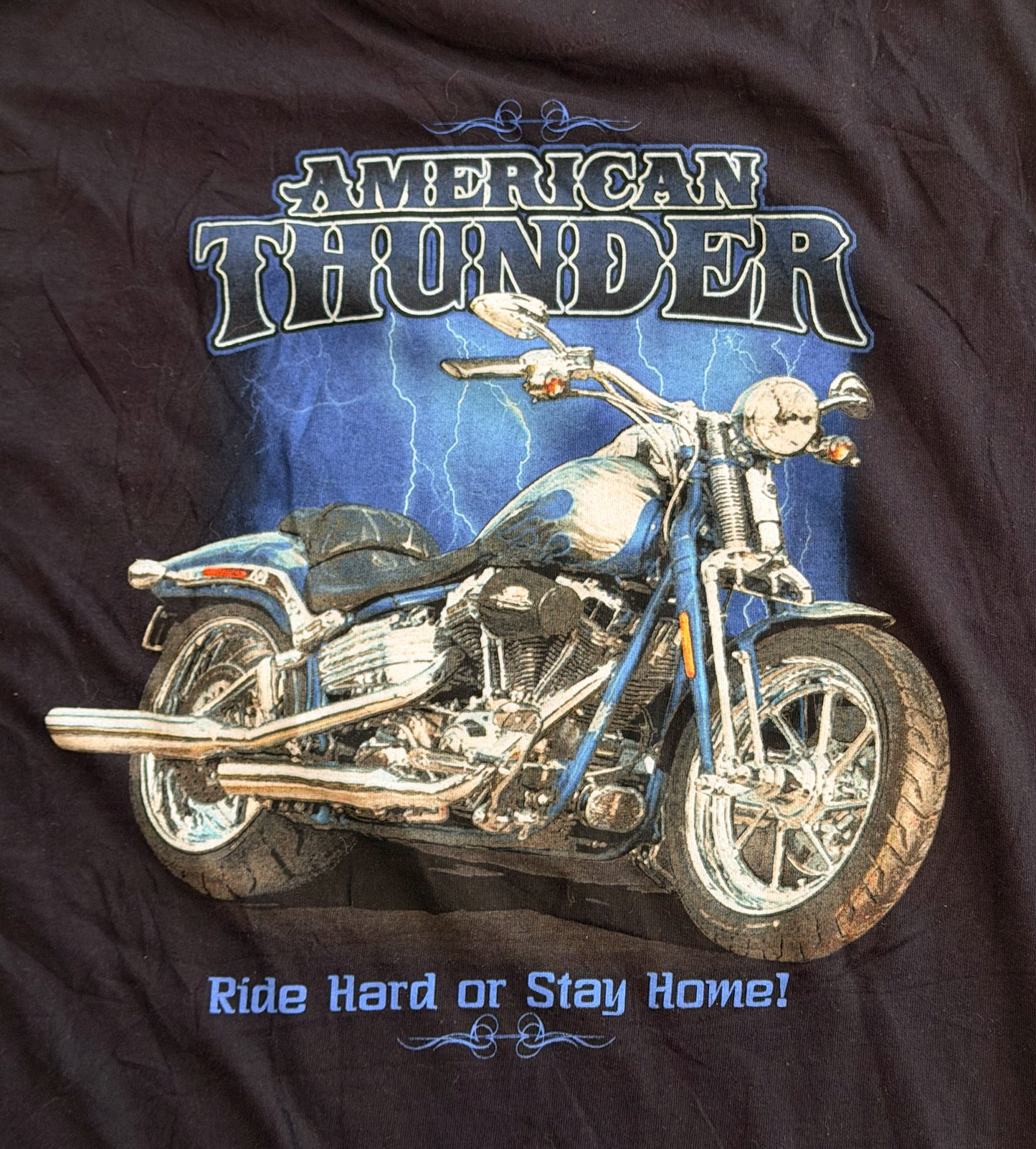 American Thunder Motorcycle Graphic Blue Cotton T-shirt XXL