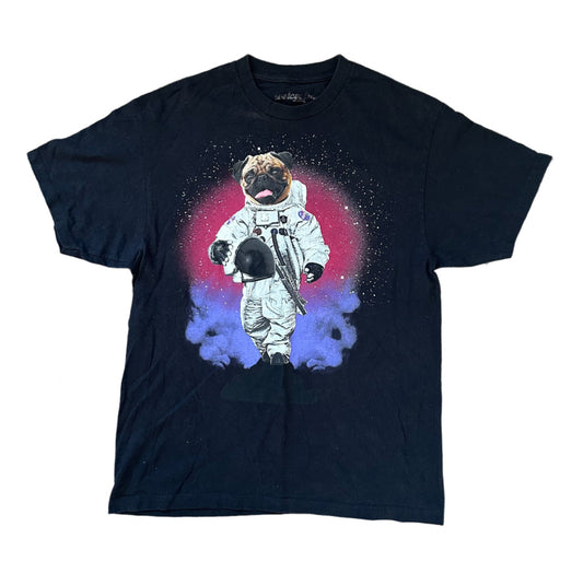 Vintage 2000s Space Dog Astronaut Print Black Cotton T-shirt Large