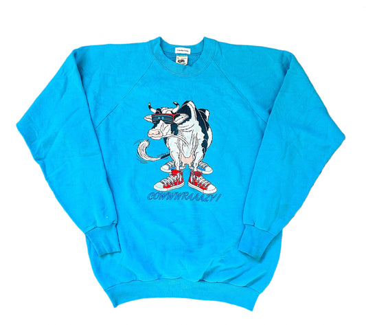 Vintage 1988 Original Cow Crazy Fruit Of The Loom Label Made USA Blue Cotton Sweatshirt XL