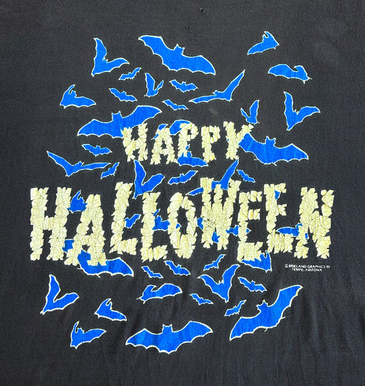 Vintage 1991 Happy Halloween Bats Graphic Single Stitch T-Shirt, XL