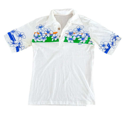 Vintage 1970s Hawaii Floral White Single Stitch Polo Shirt Medium