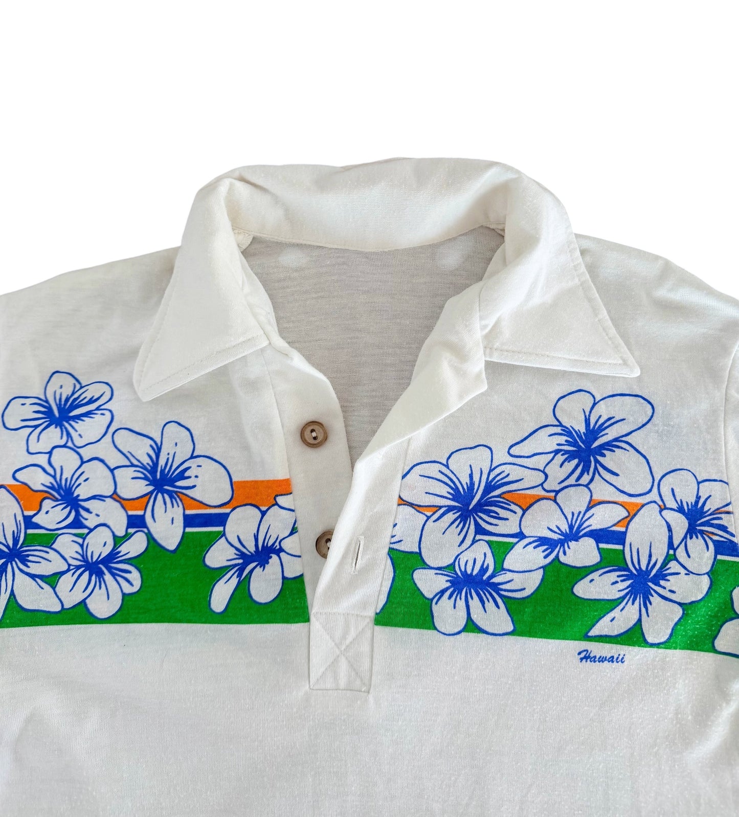 Vintage 1970s Hawaii Floral White Single Stitch Polo Shirt Medium
