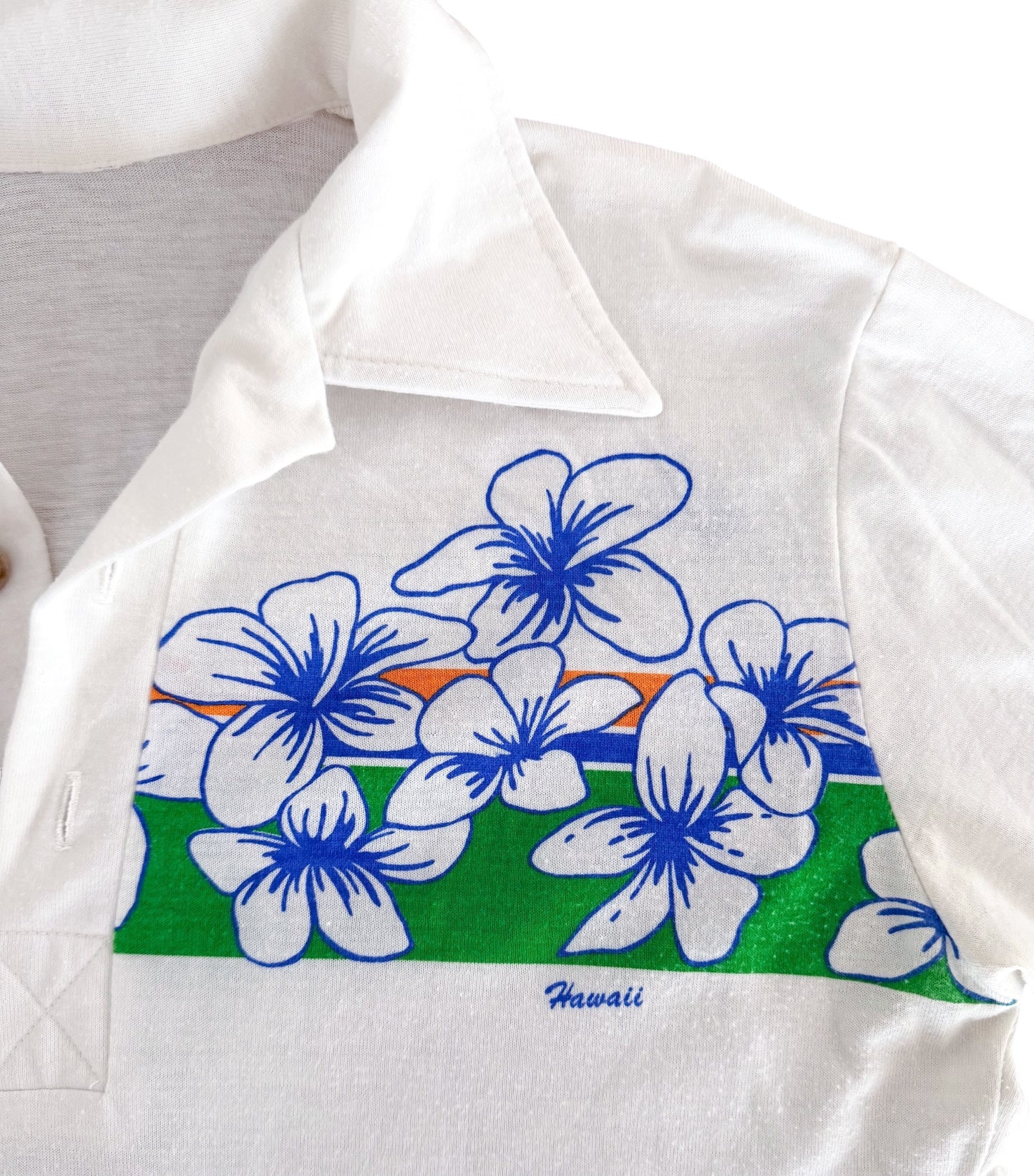 Vintage 1970s Hawaii Floral White Single Stitch Polo Shirt Medium