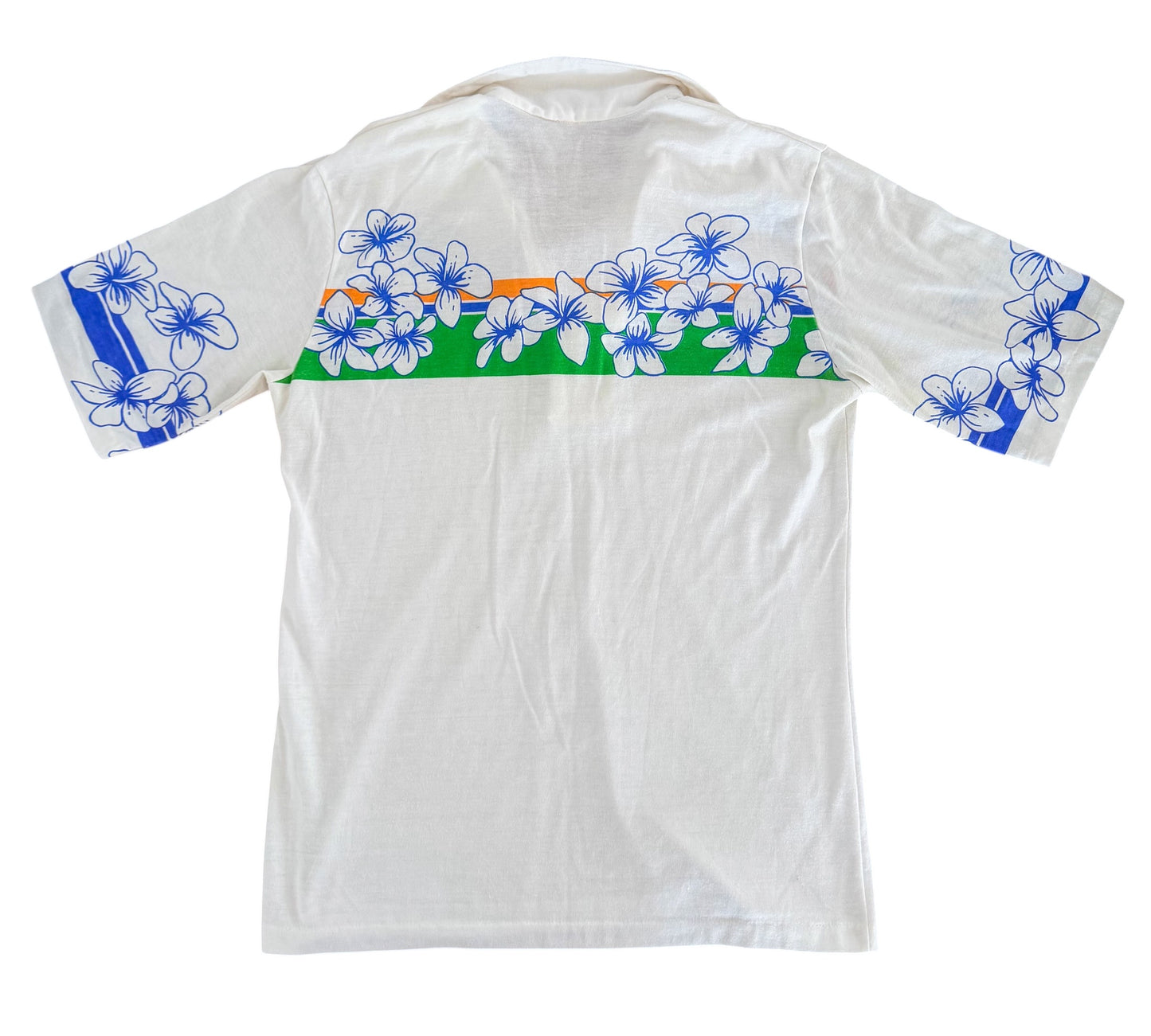 Vintage 1970s Hawaii Floral White Single Stitch Polo Shirt Medium