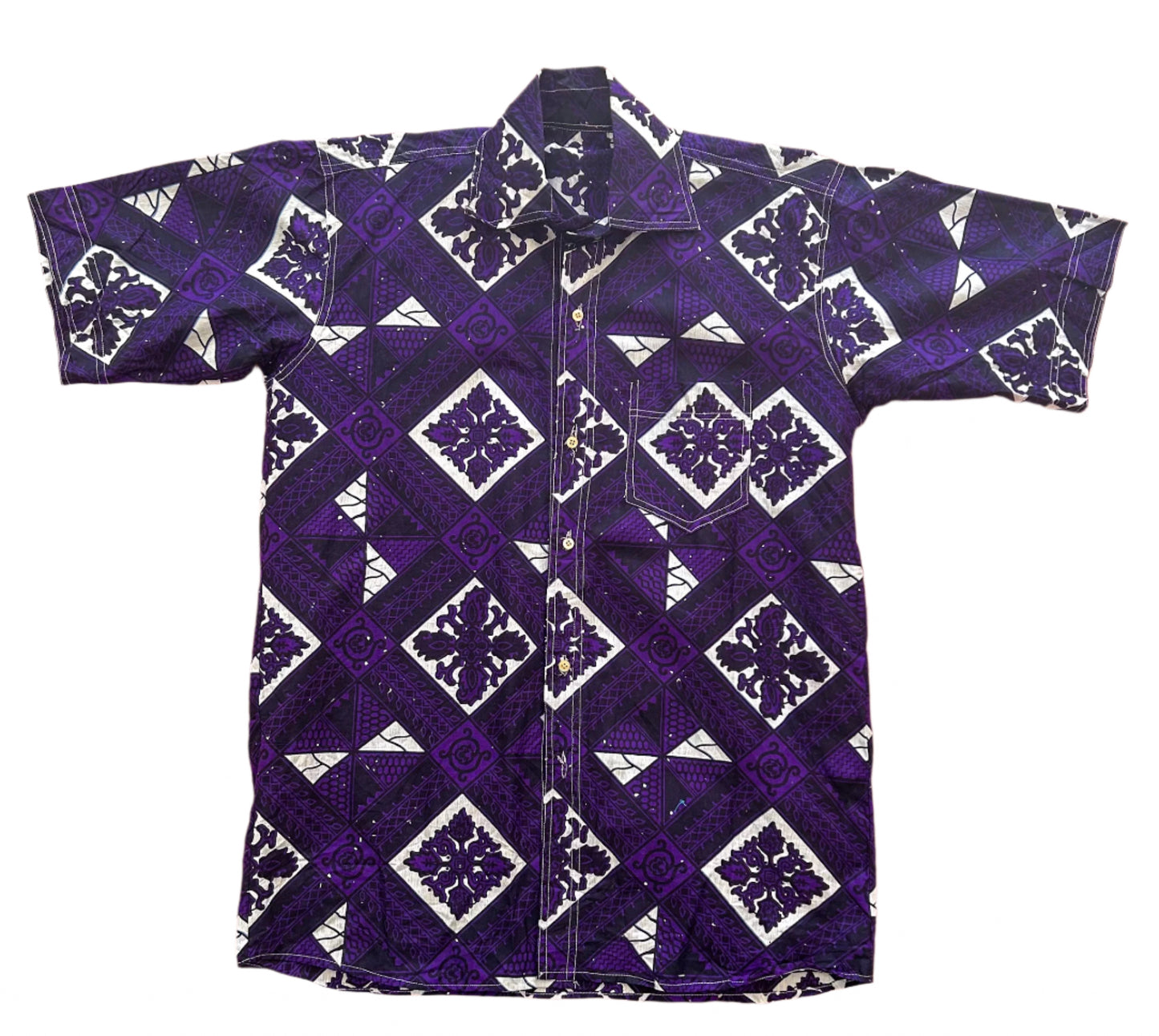 Vintage 1970s Original Purple And White Geometric Pattern Short Sleeve Shirt Large