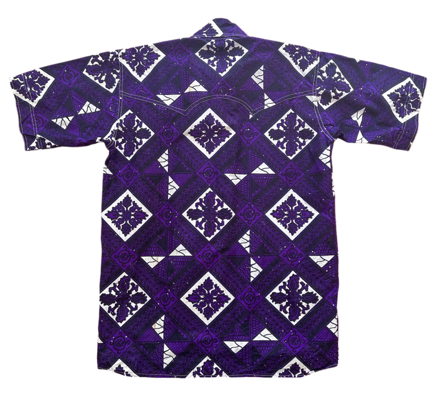 Vintage 1970s Original Purple And White Geometric Pattern Short Sleeve Shirt Large