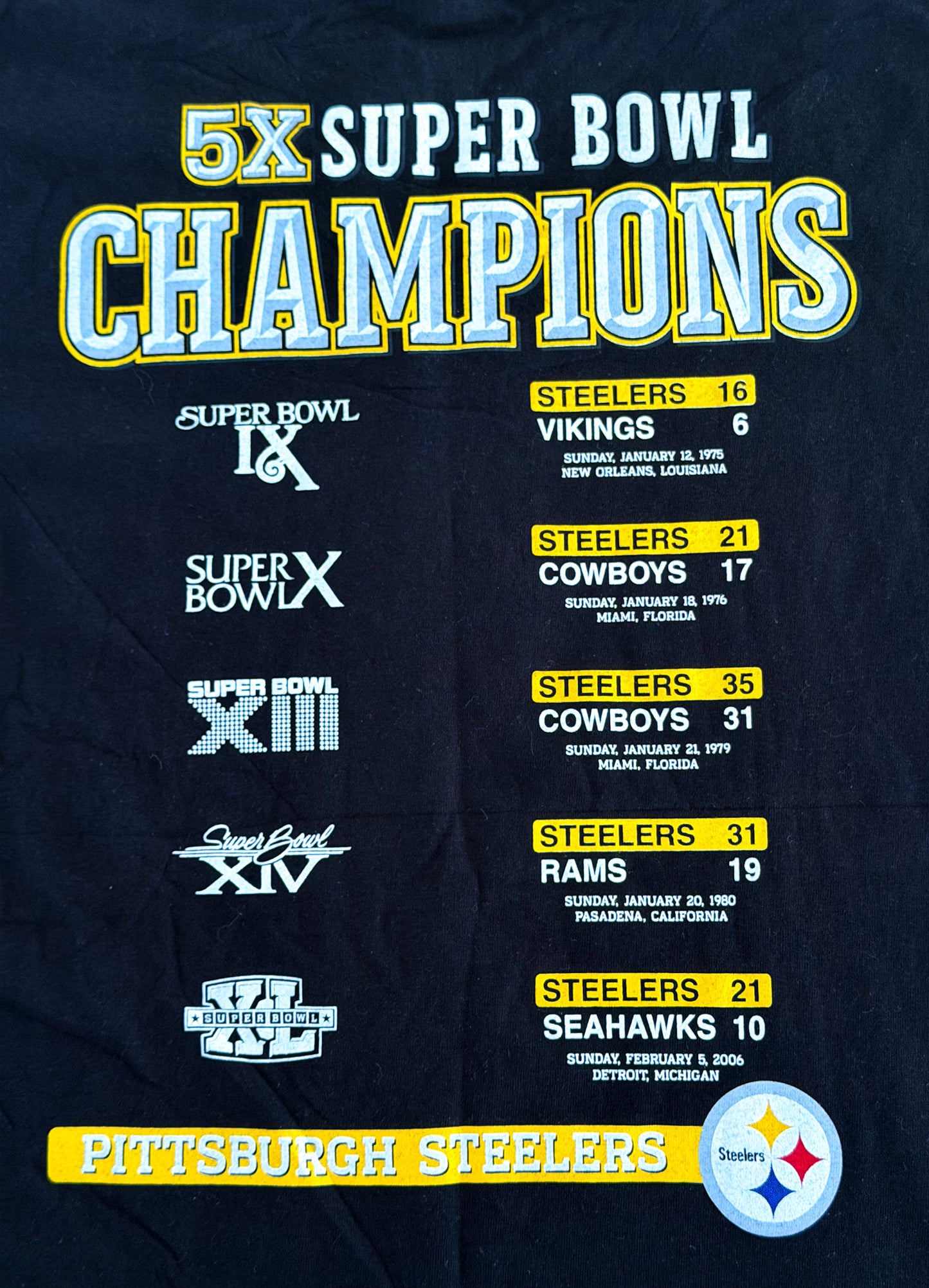 Pittsburgh Steelers 5X Super Bowl Champions Reebok T Shirt Small