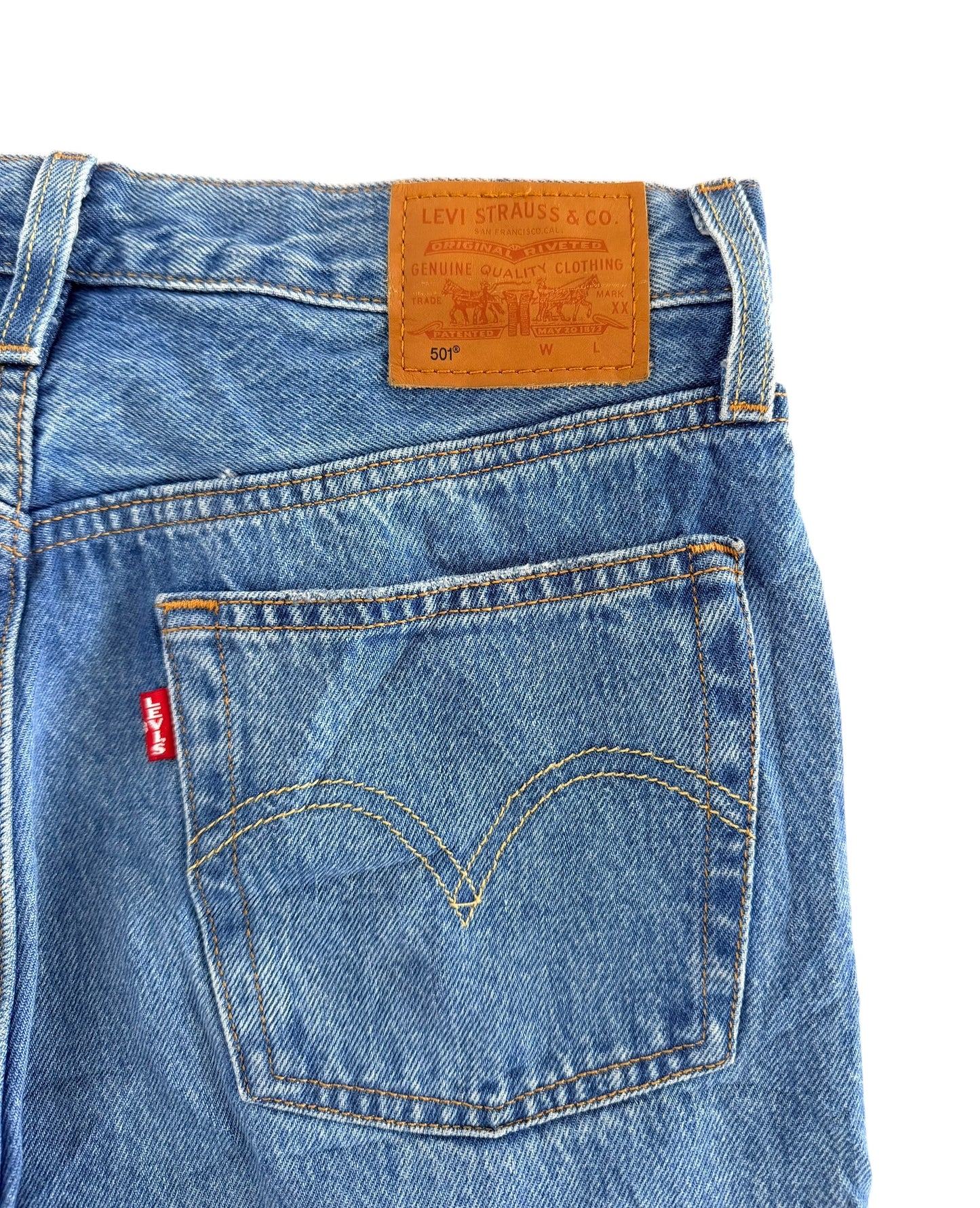 Levi’s 501 Premium Big E Blue Denim Distressed Jeans, 30W 31L