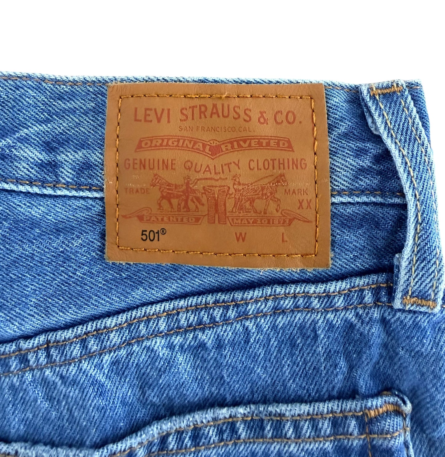 Levi’s 501 Premium Big E Blue Denim Distressed Jeans, 30W 31L