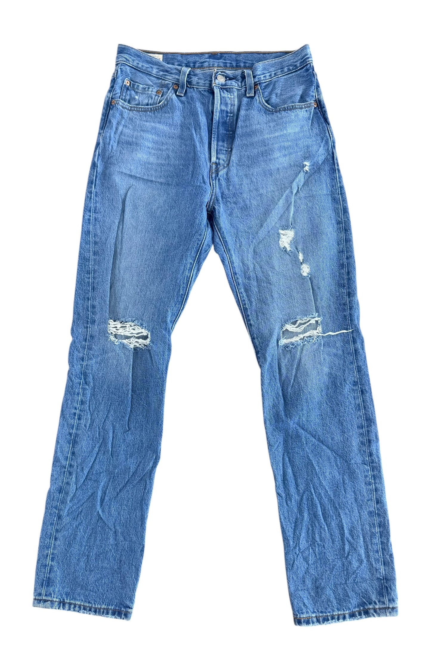 Levi’s 501 Premium Big E Blue Denim Distressed Jeans, 30W 31L