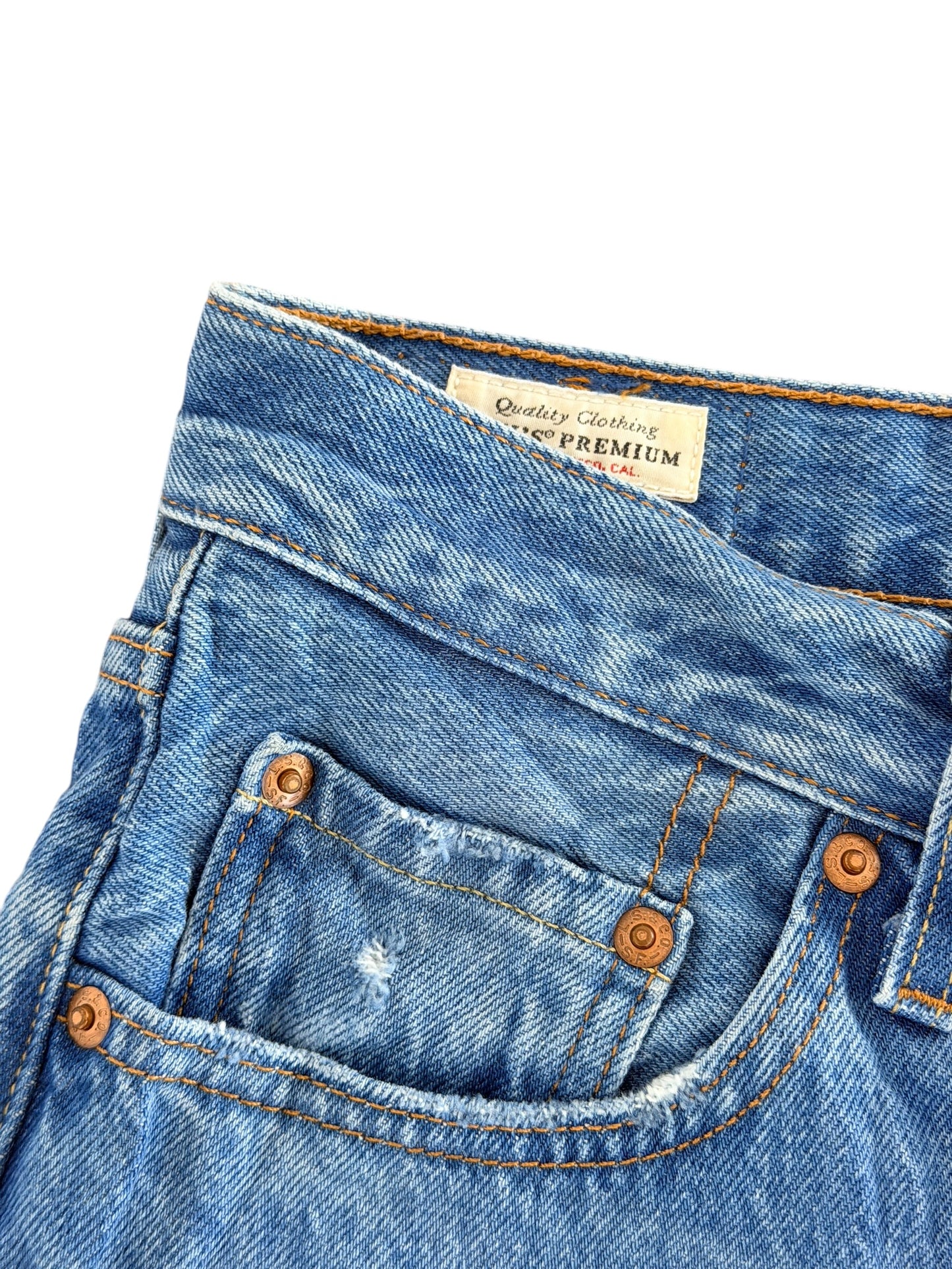 Levi’s 501 Premium Big E Blue Denim Distressed Jeans, 30W 31L