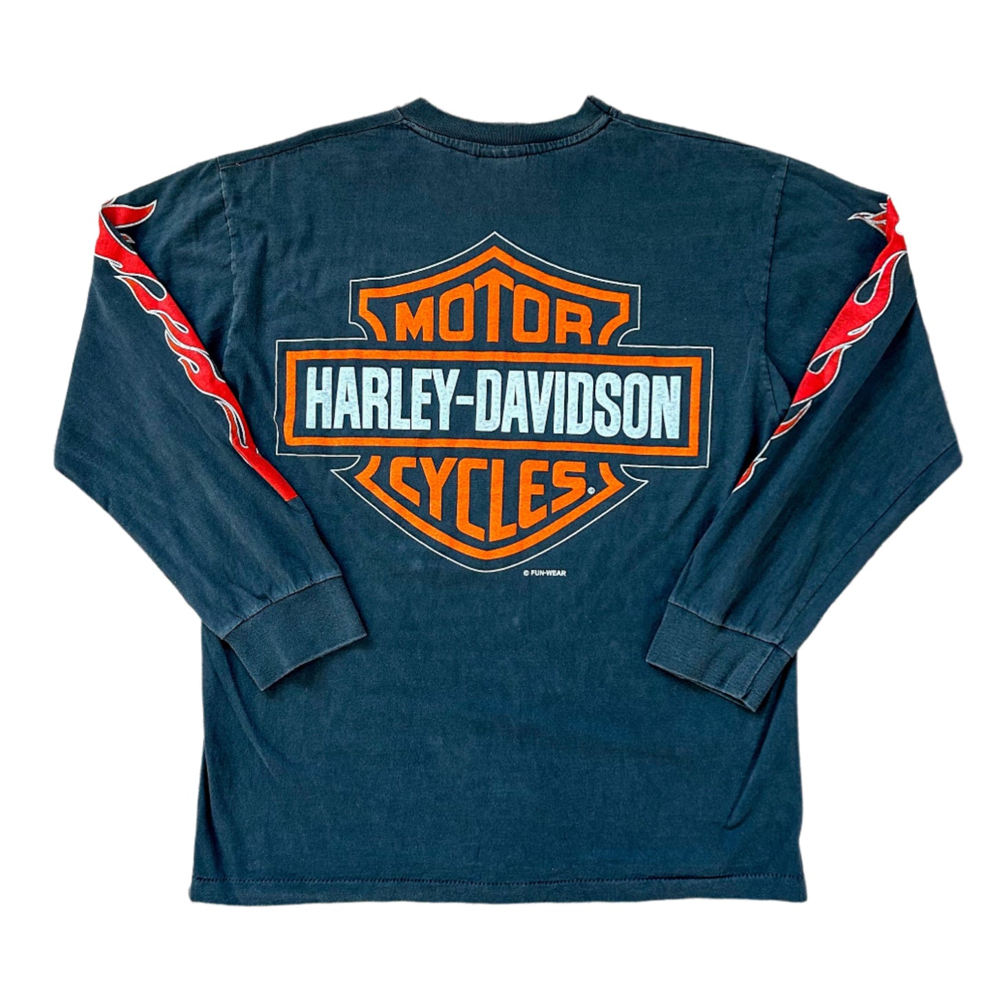Vintage 90s Harley-Davidson Flame Sleeve Long Sleeve Tee | Biker Graphic Shirt USA Made, Single Stitch, Size - Large