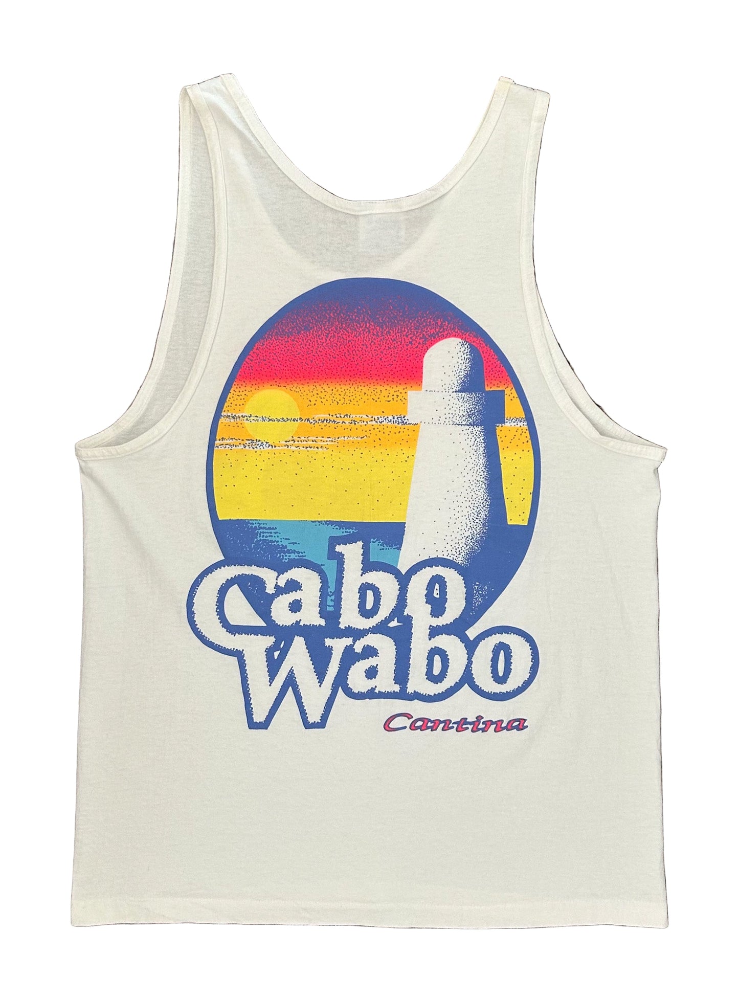Vintage 90s Single Stitch Hanes Heavyweight Tank Top – Cabo Wabo Cantina Sunset Lighthouse Graphic – Made in USA, Size - M