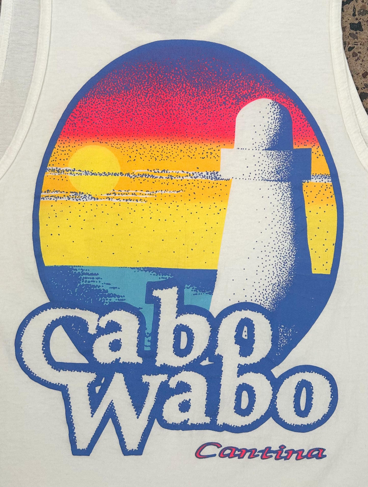 Vintage 90s Single Stitch Hanes Heavyweight Tank Top – Cabo Wabo Cantina Sunset Lighthouse Graphic – Made in USA, Size - M