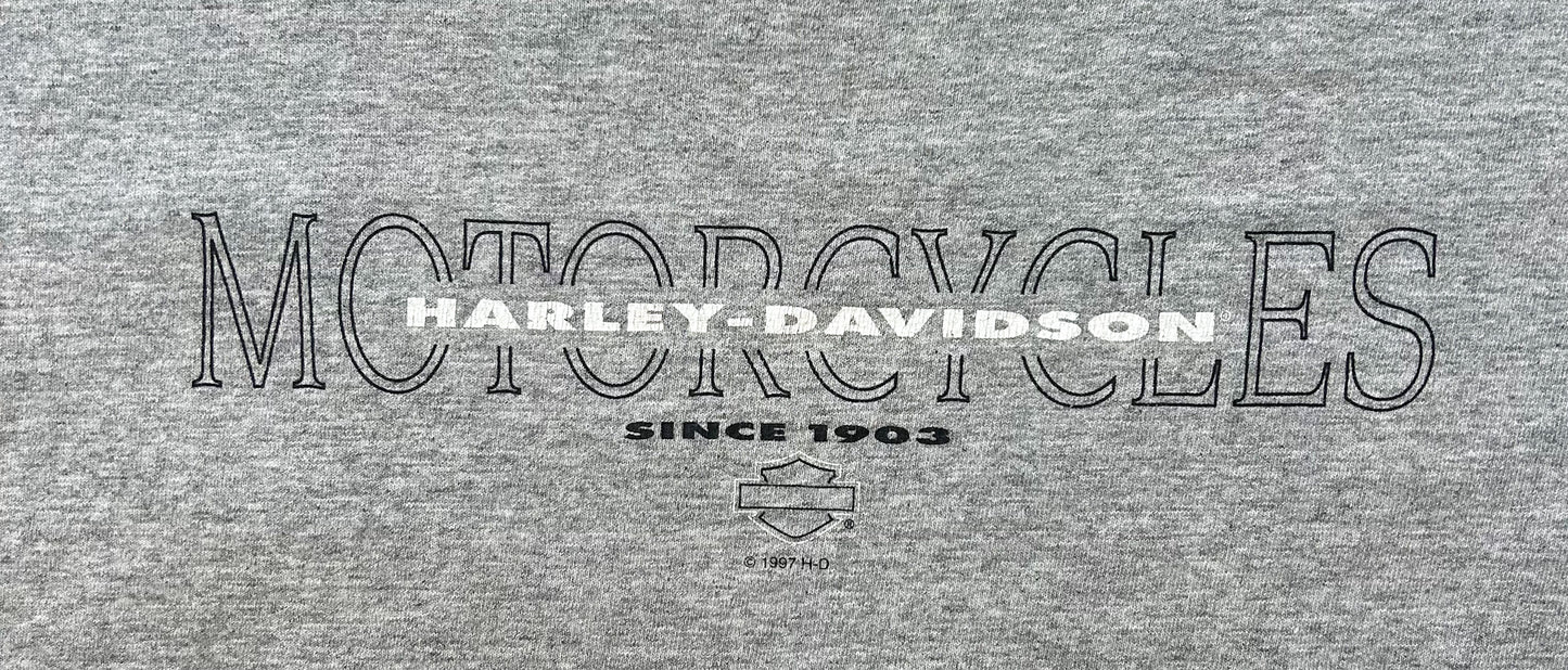Vintage 1997 Harley-Davidson Yellowstone T-Shirt – Grey Biker Tee, USA Made, Size - L