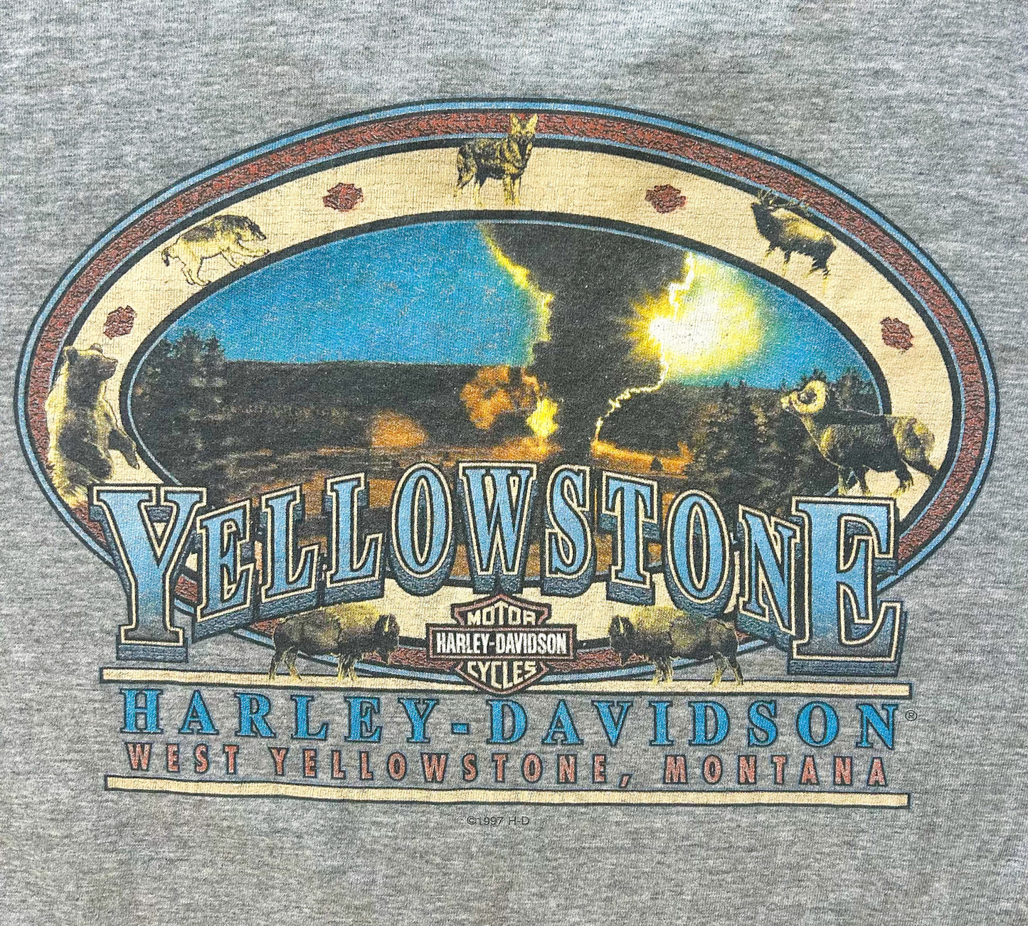 Vintage 1997 Harley-Davidson Yellowstone T-Shirt – Grey Biker Tee, USA Made, Size - L