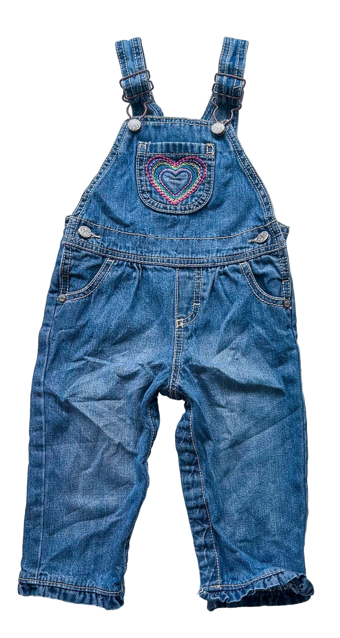 Vintage OshKosh B’gosh Baby Denim Overalls – Heart Embroidery Retro Kidswear, Size 6-12 Months