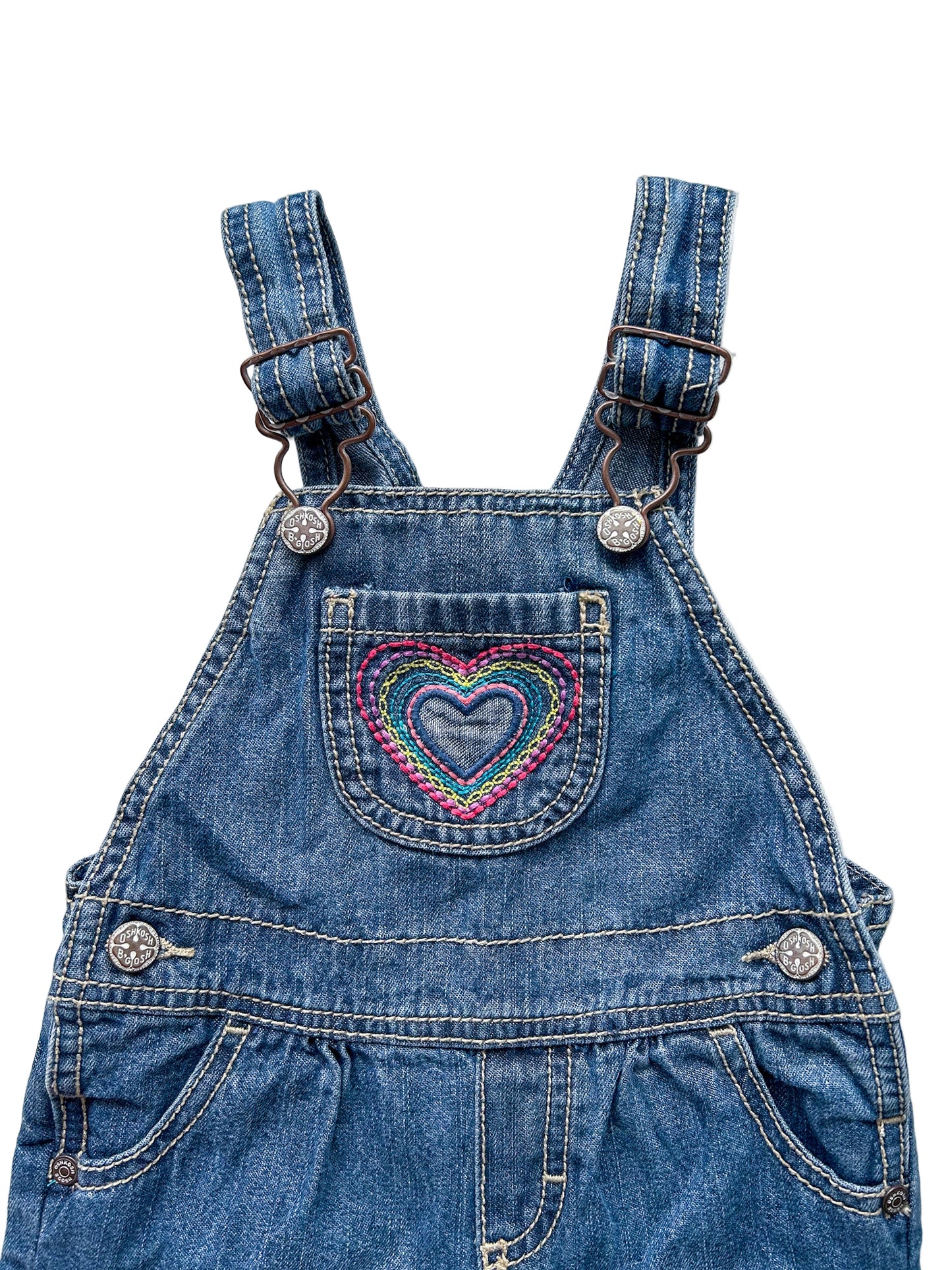 Vintage OshKosh B’gosh Baby Denim Overalls – Heart Embroidery Retro Kidswear, Size 6-12 Months