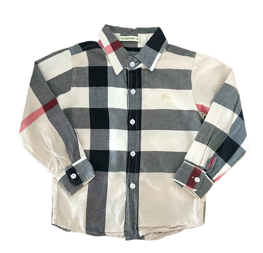 Vintage Kids Burberry Nova Check Shirt – Iconic Beige Plaid Long Sleeve Button-Up Designer Shirt with Equestrian Logo, Size - 5-7 Years
