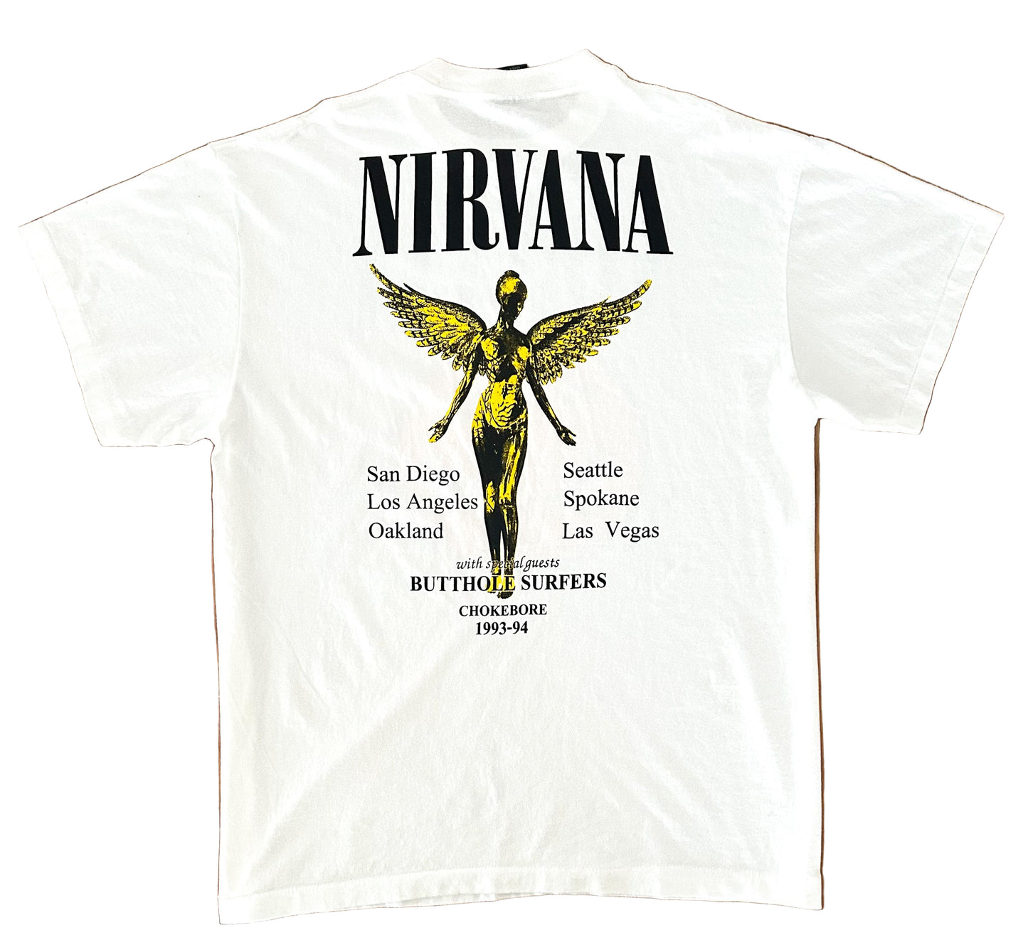 Vintage 90s Nirvana Tour T-Shirt – Giant Tag USA Made Single Stitch – Smiley Face Logo & Angel Tour Graphic, Size - XL