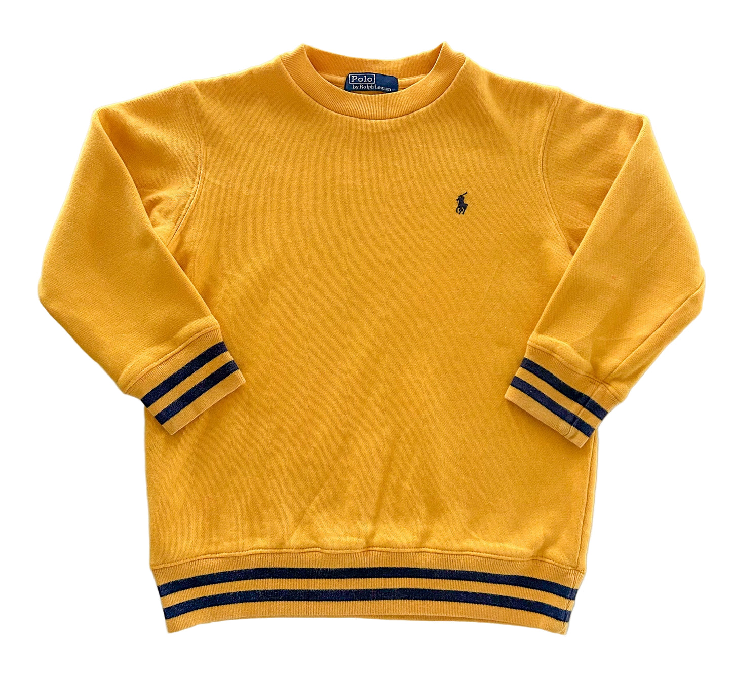 Vintage Polo Ralph Lauren Kids Yellow Sweatshirt – Crewneck Jumper with Navy Stripes – Size 6-7 Years