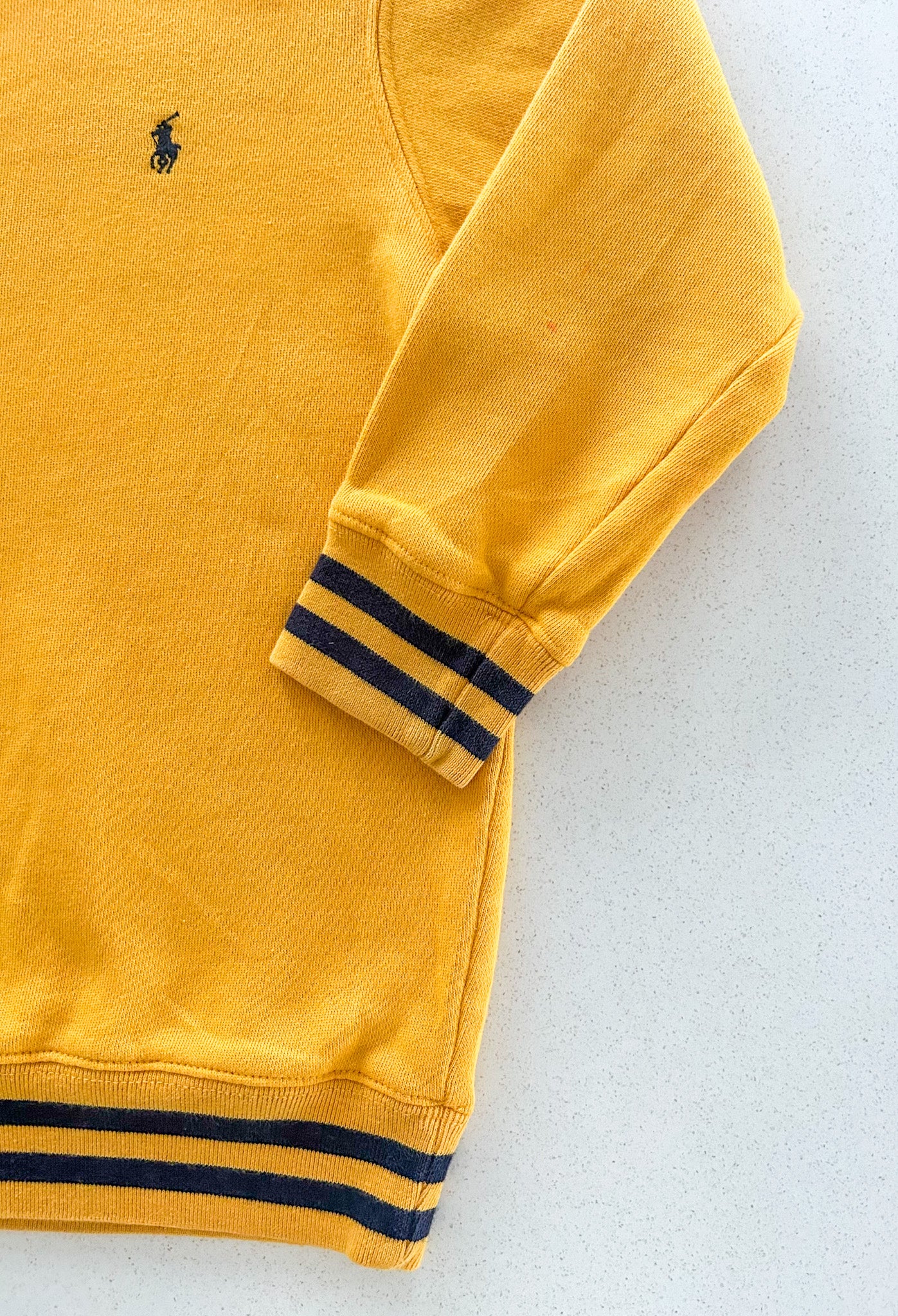 Vintage Polo Ralph Lauren Kids Yellow Sweatshirt – Crewneck Jumper with Navy Stripes – Size 6-7 Years