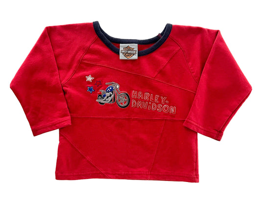 Vintage Kids Harley-Davidson Embroidered Red Long Sleeve Top – Motorcycle Graphic Retro Biker Baby Long Sleeve Tee - Size - 24 Months
