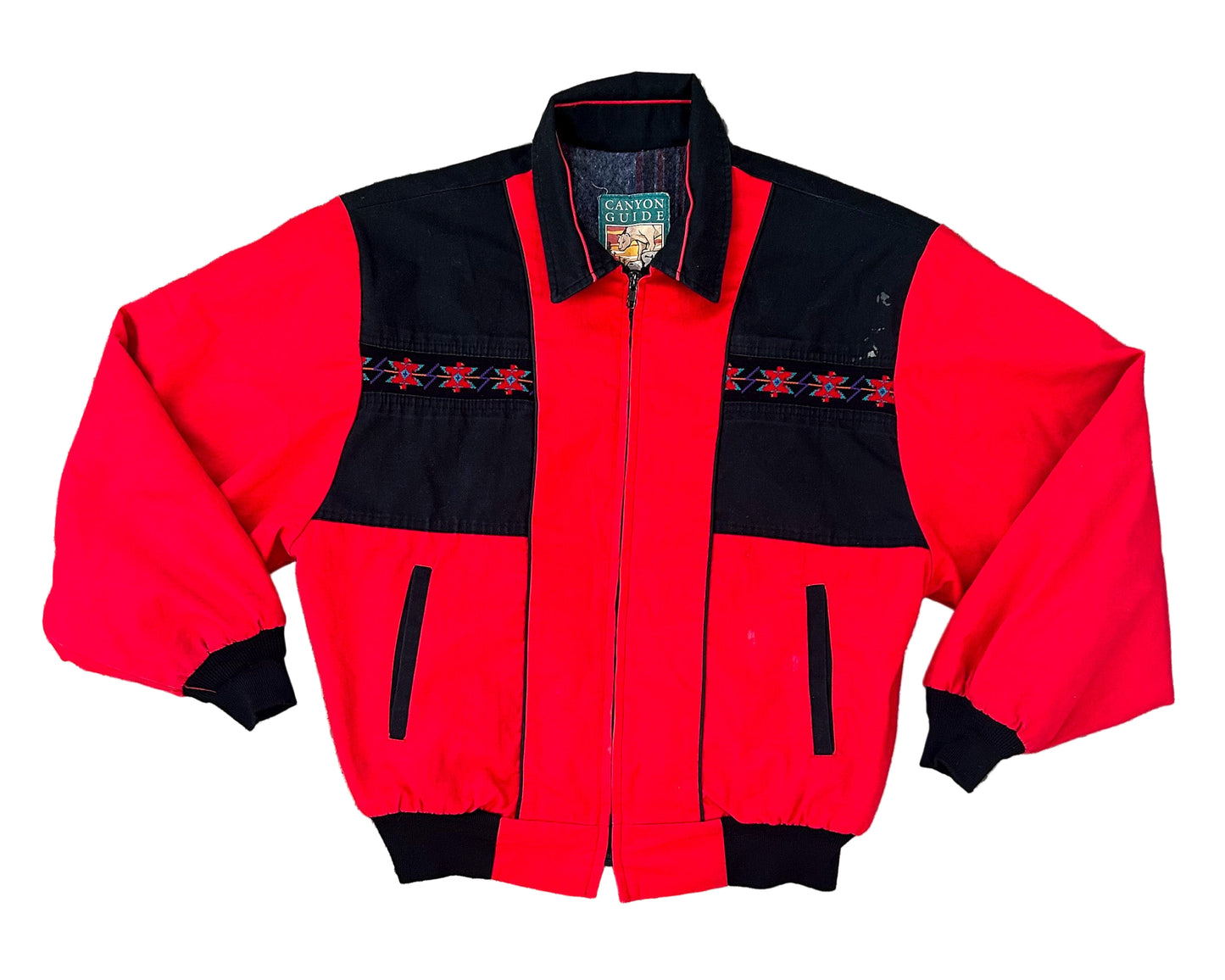 Vintage 90s Canyon Guide Outfitters Southwestern Aztec Bomber Jacket Red Black Made in USA, Size-Large