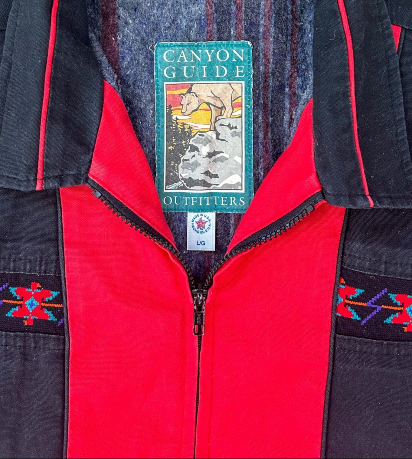 Vintage 90s Canyon Guide Outfitters Southwestern Aztec Bomber Jacket Red Black Made in USA, Size-Large