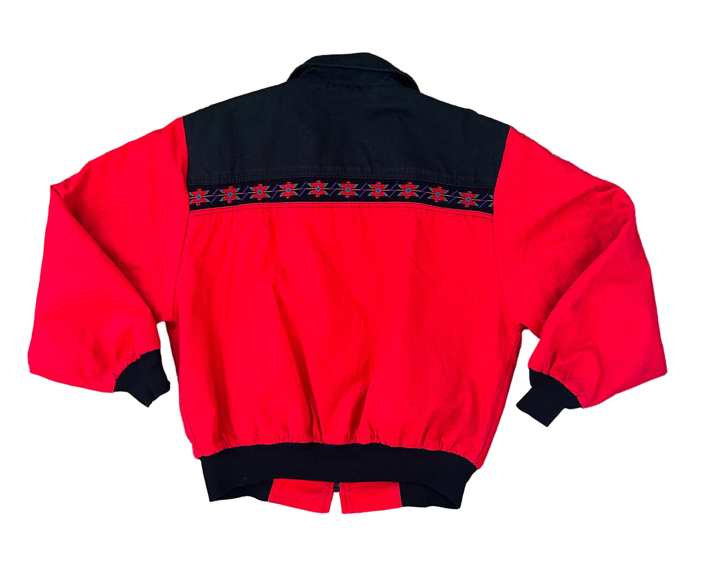 Vintage 90s Canyon Guide Outfitters Southwestern Aztec Bomber Jacket Red Black Made in USA, Size-Large