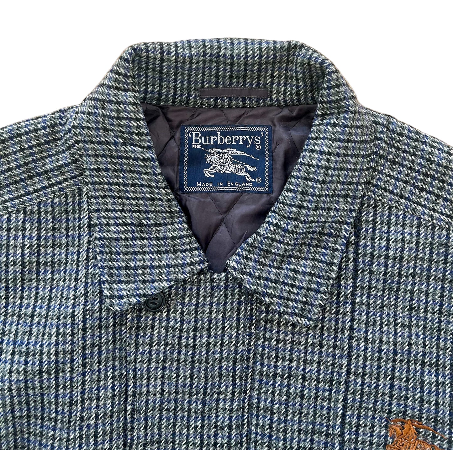 Vintage Burberrys Wool Bomber Jacket Made in England – Quilted Lining, Check Pattern, Equestrian Knight Logo – 90s Designer Outerwear XL Rare