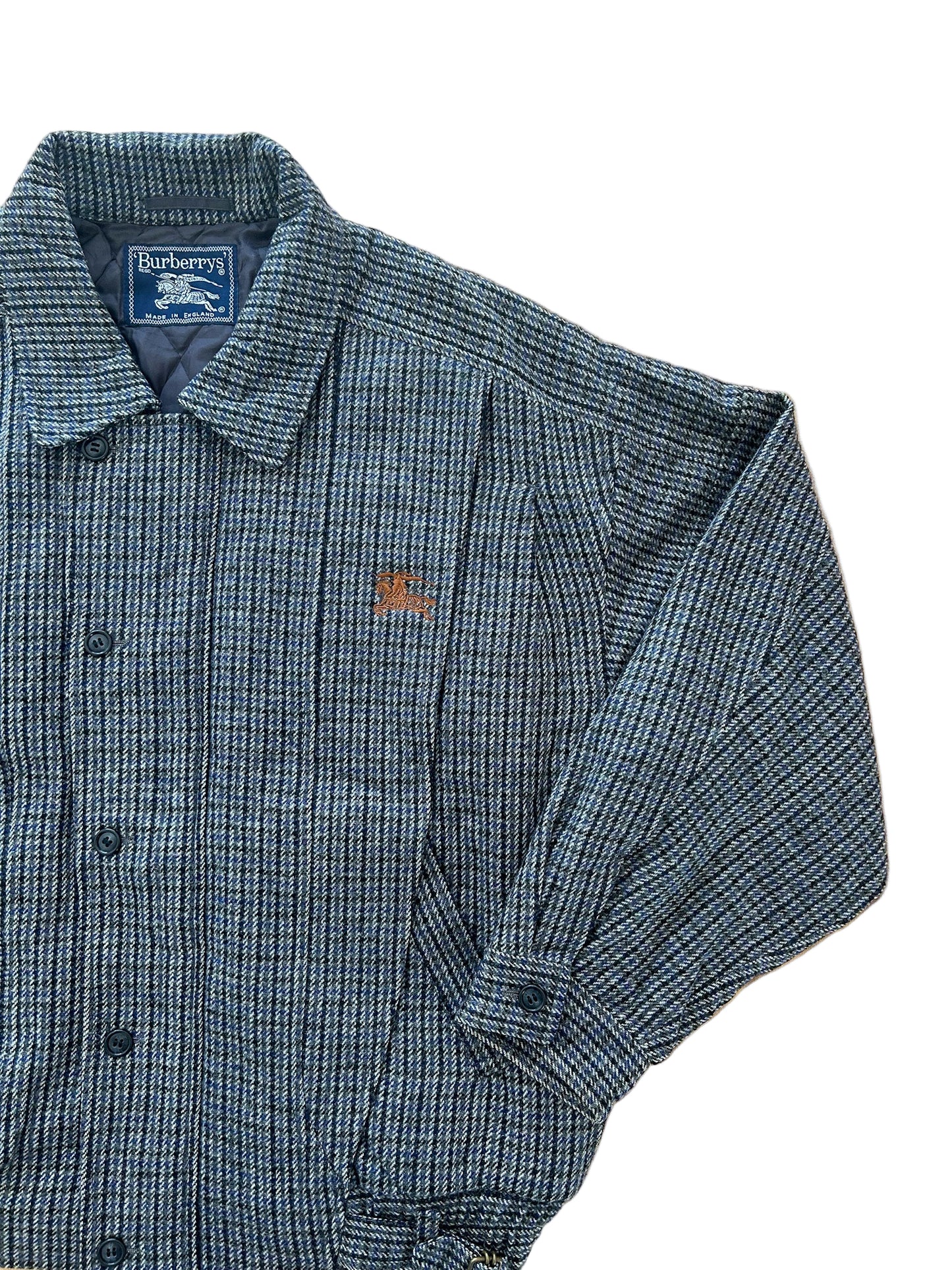 Vintage Burberrys Wool Bomber Jacket Made in England – Quilted Lining, Check Pattern, Equestrian Knight Logo – 90s Designer Outerwear XL Rare