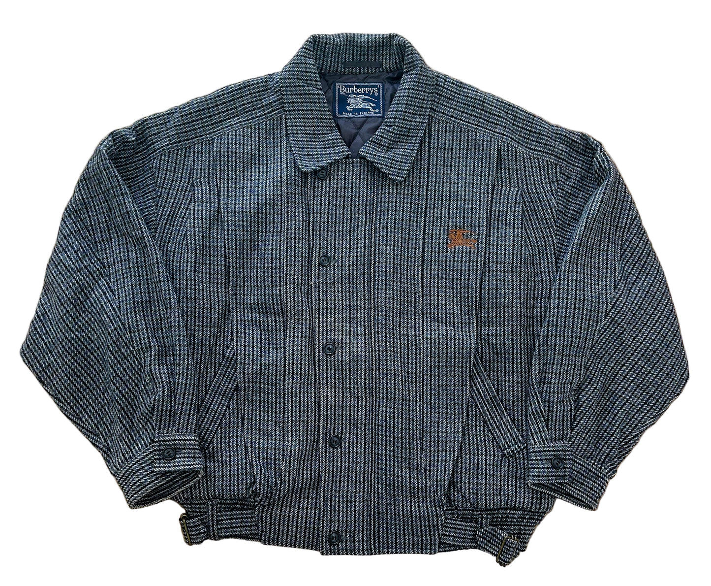 Vintage Burberrys Wool Bomber Jacket Made in England – Quilted Lining, Check Pattern, Equestrian Knight Logo – 90s Designer Outerwear XL Rare