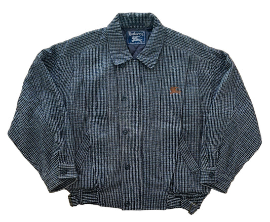 Vintage Burberrys Wool Bomber Jacket Made in England – Quilted Lining, Check Pattern, Equestrian Knight Logo – 90s Designer Outerwear XL Rare