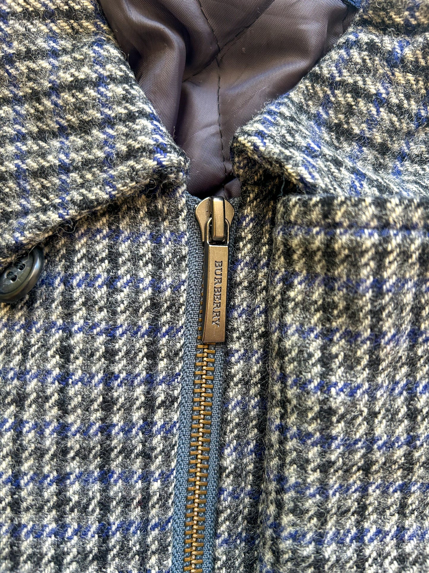 Vintage Burberrys Wool Bomber Jacket Made in England – Quilted Lining, Check Pattern, Equestrian Knight Logo – 90s Designer Outerwear XL Rare