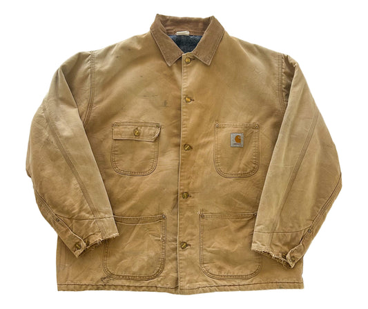 Vintage 90s Carhartt Chore Jacket – Blanket Lined Duck Canvas Workwear Coat – Distressed Brown Carpenter Barn Coat USA Made, Size - 3XL