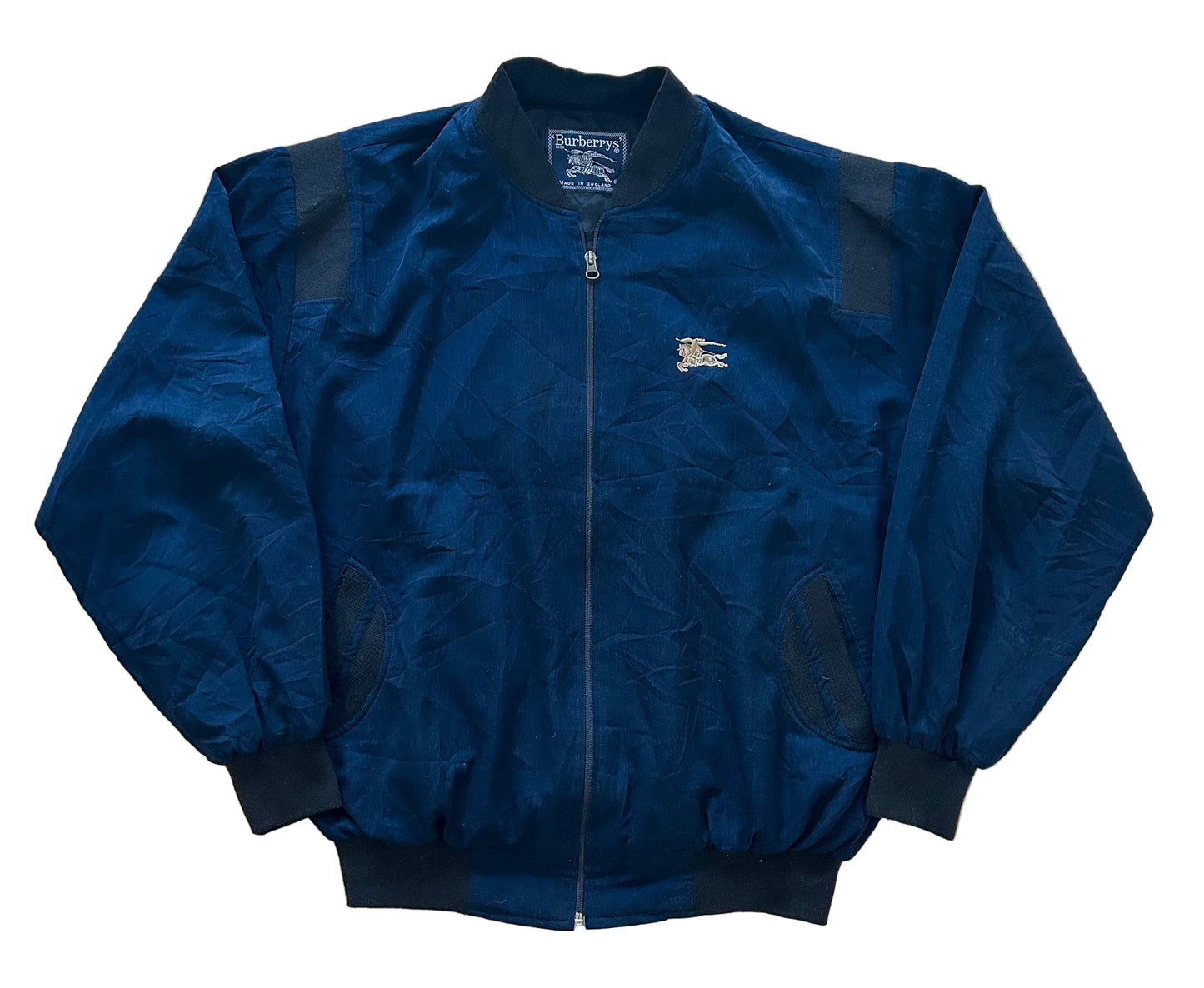 Vintage Burberrys Bomber Jacket Made in England – 90s Burberry Knight Logo Navy Blue Collectible Streetwear,