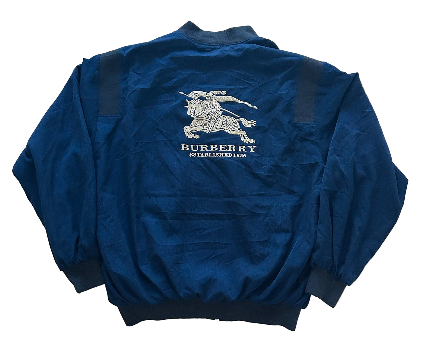Vintage Burberrys Bomber Jacket Made in England – 90s Burberry Knight Logo Navy Blue Collectible Streetwear,