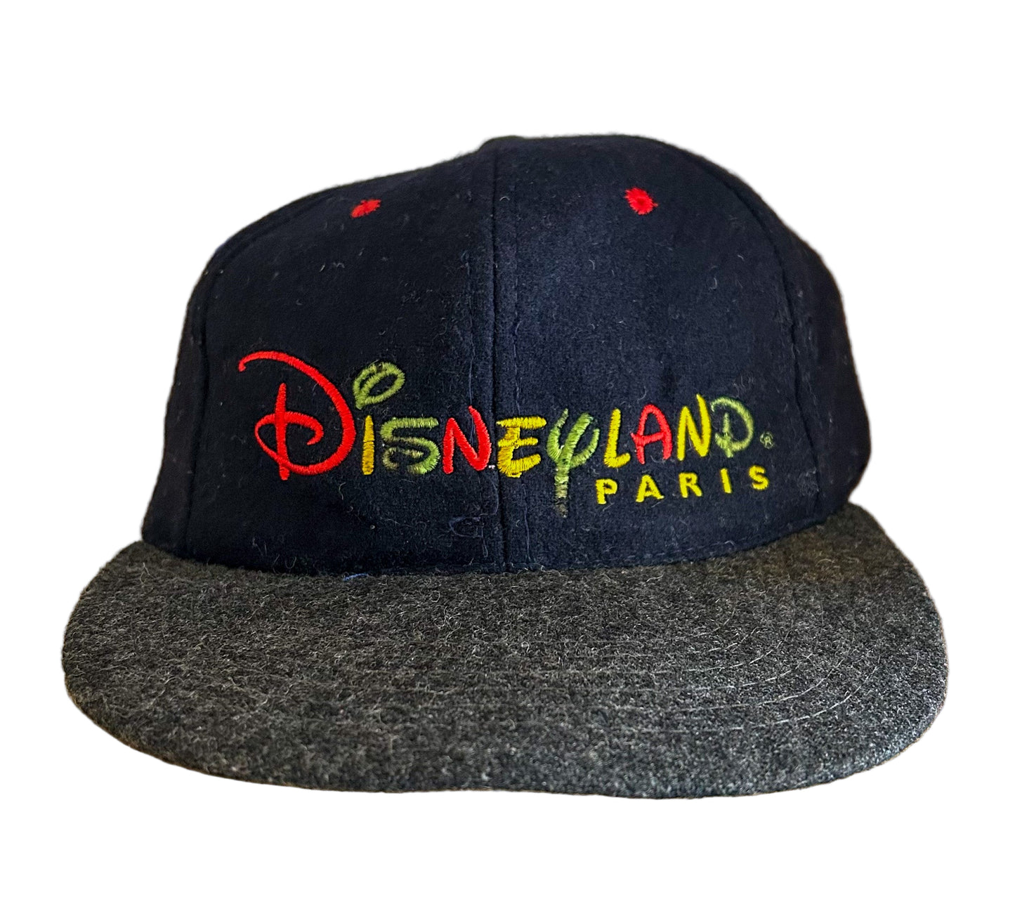 Vintage Disneyland Paris Cap 90s Disney Embroidered Logo Hat – Black Wool with Grey Brim Adjustable Snapback