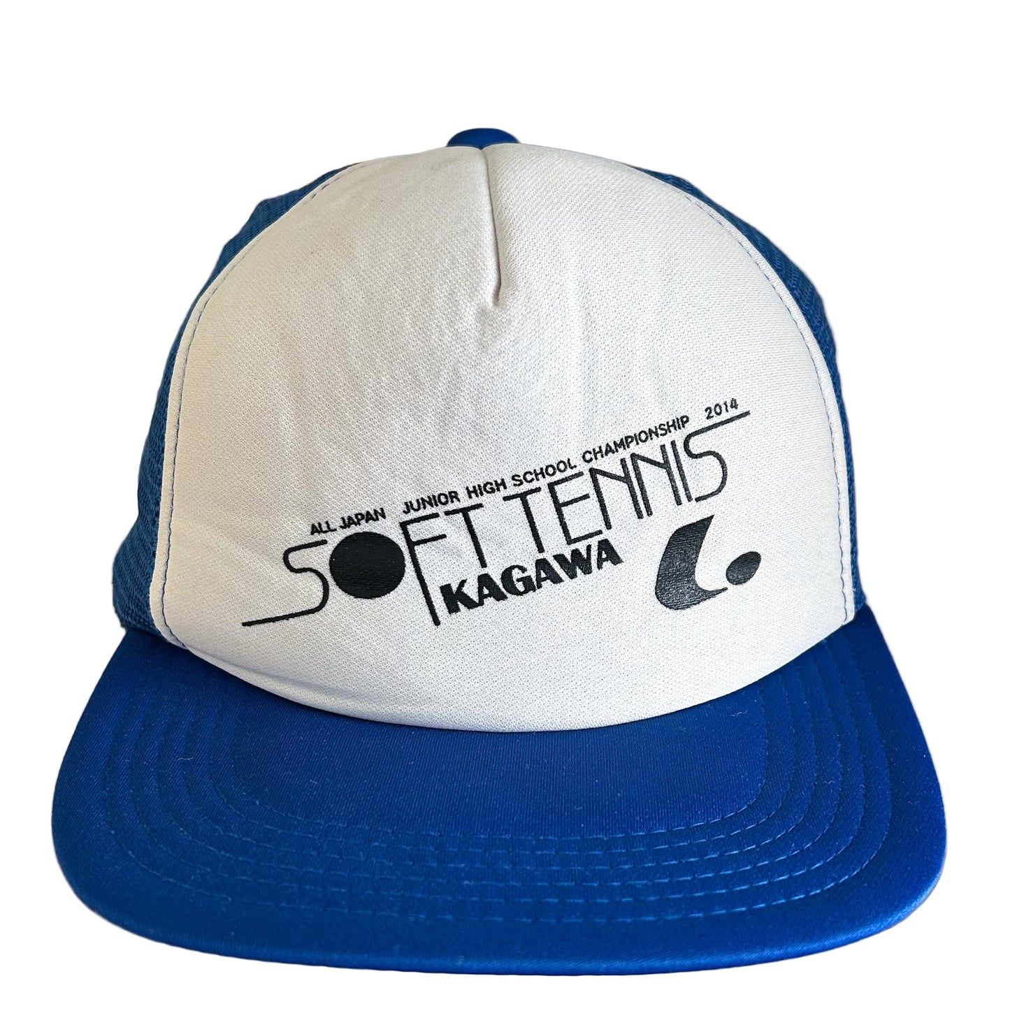 Vintage 2014 All Japan Soft Tennis Kagawa Championship Trucker Hat – Blue & White Mesh Snapback Cap, Retro Japanese Sportswear