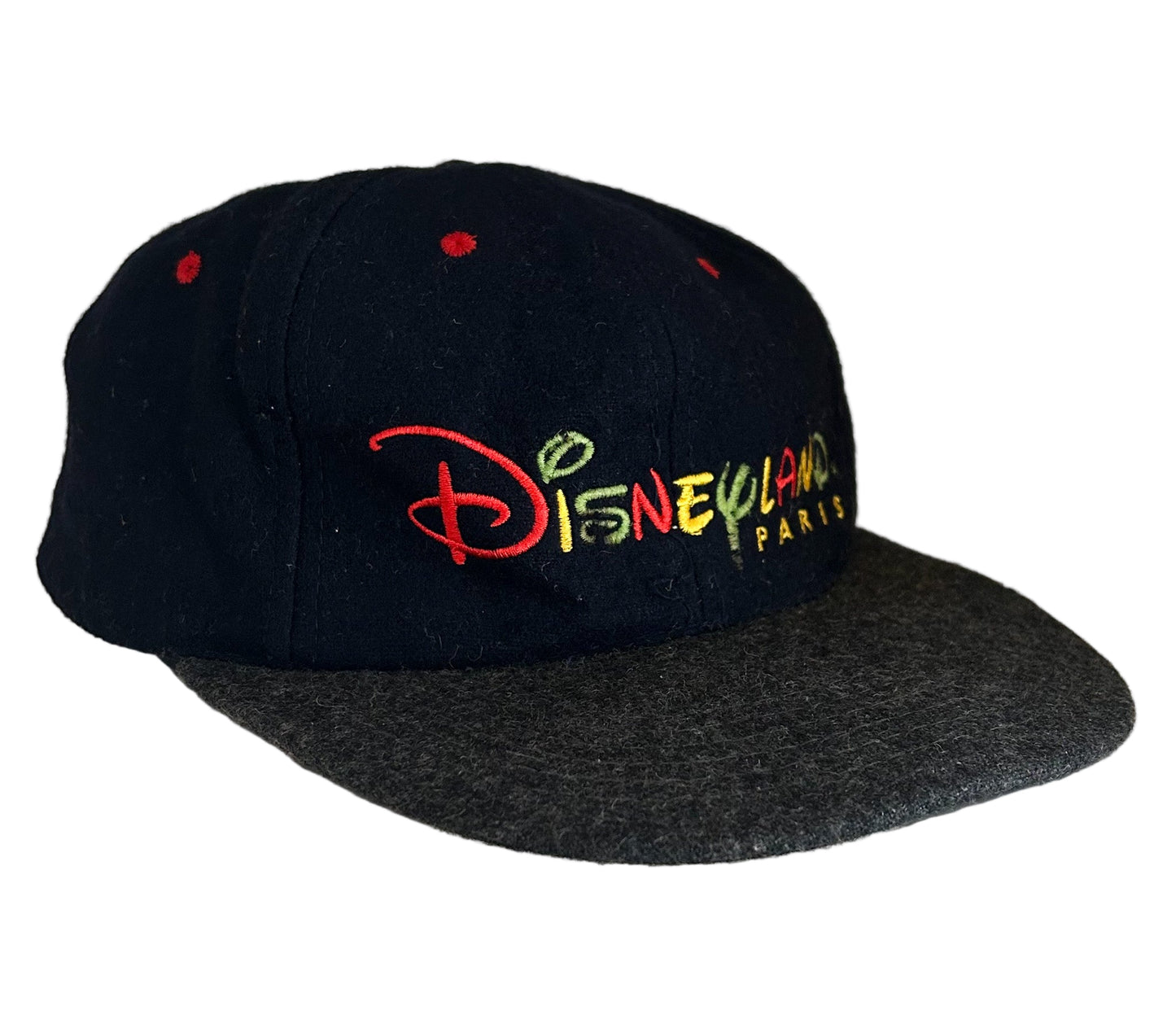 Vintage Disneyland Paris Cap 90s Disney Embroidered Logo Hat – Black Wool with Grey Brim Adjustable Snapback