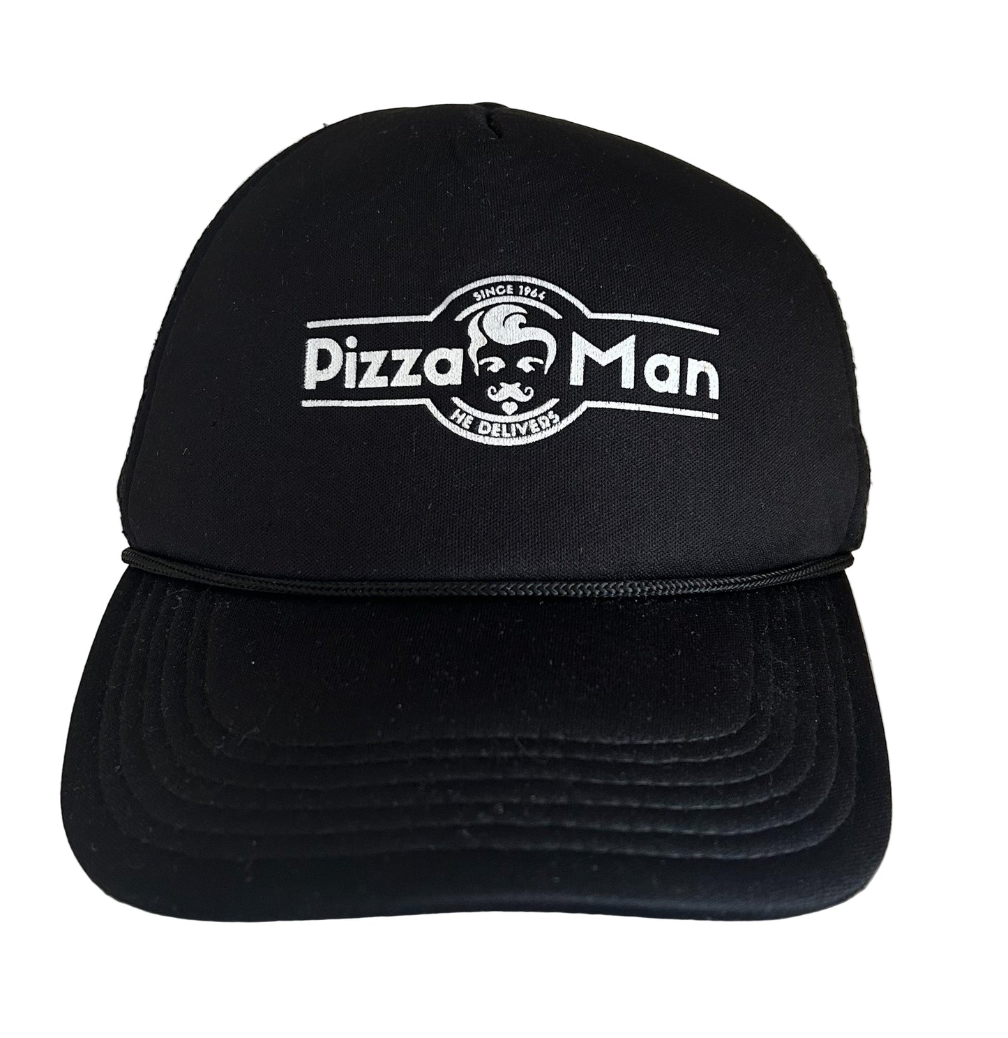 Vintage Pizza Man Black Trucker Hat – 80s 90s Retro Fast Food Cap, Adjustable Mesh Snapback