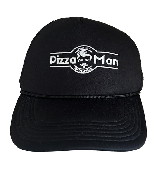 Vintage Pizza Man Black Trucker Hat – 80s 90s Retro Fast Food Cap, Adjustable Mesh Snapback