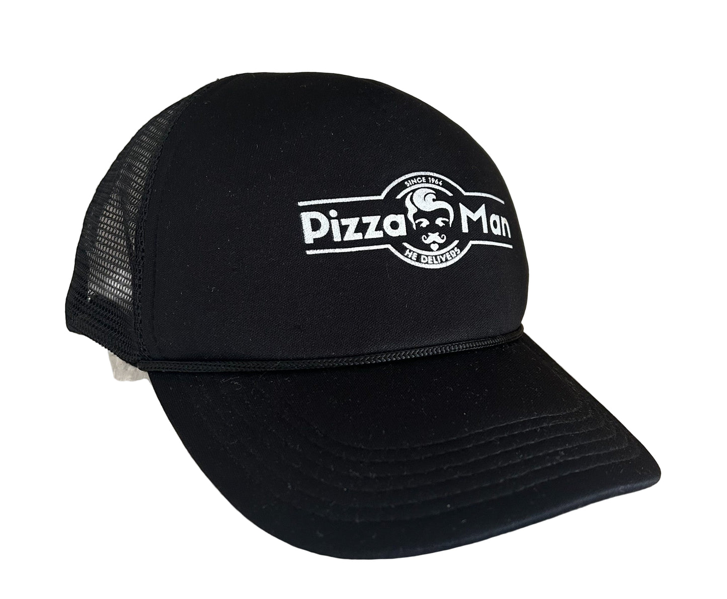 Vintage Pizza Man Black Trucker Hat – 80s 90s Retro Fast Food Cap, Adjustable Mesh Snapback