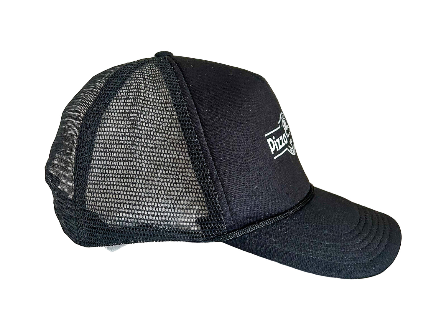 Vintage Pizza Man Black Trucker Hat – 80s 90s Retro Fast Food Cap, Adjustable Mesh Snapback