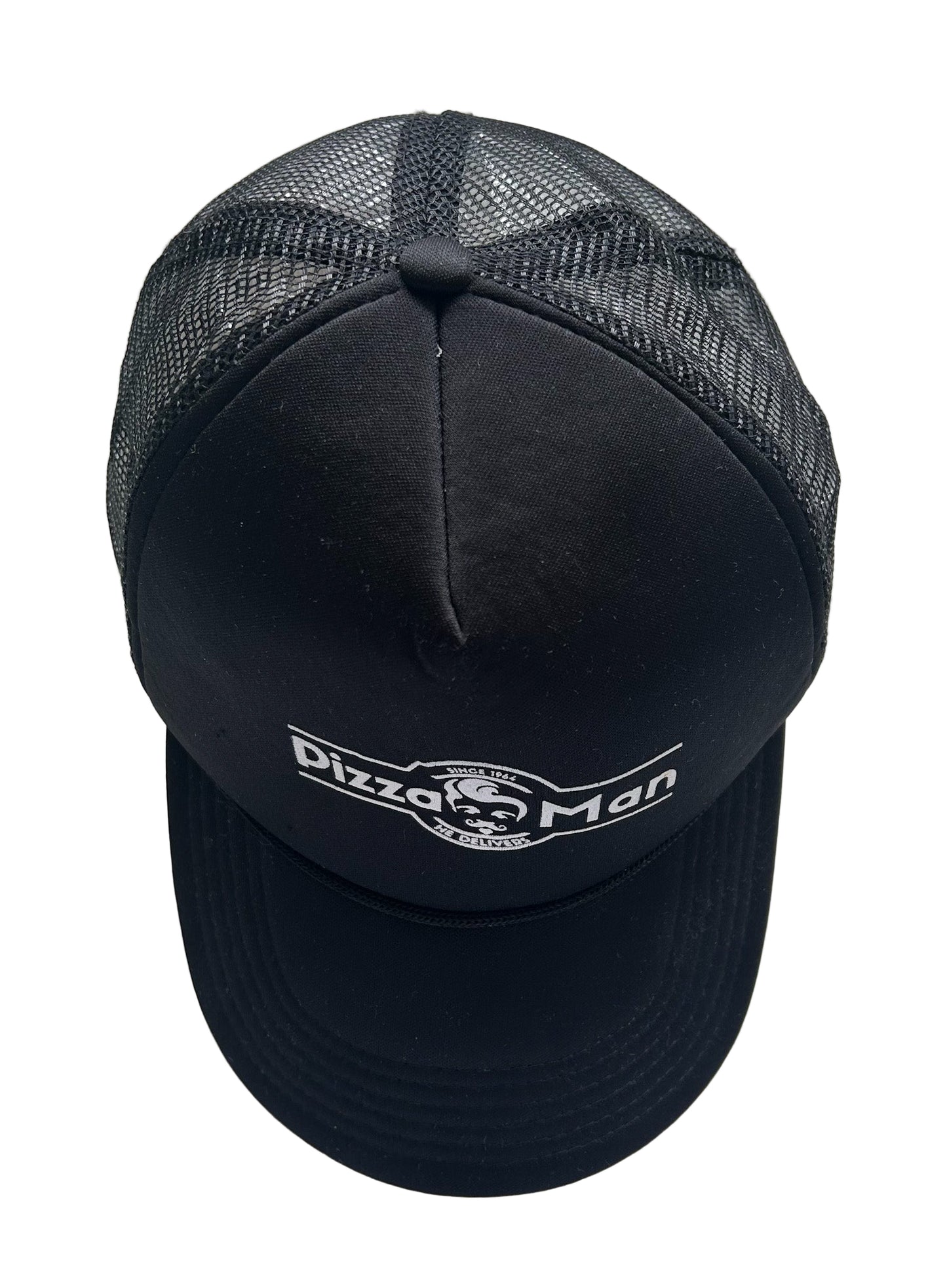 Vintage Pizza Man Black Trucker Hat – 80s 90s Retro Fast Food Cap, Adjustable Mesh Snapback
