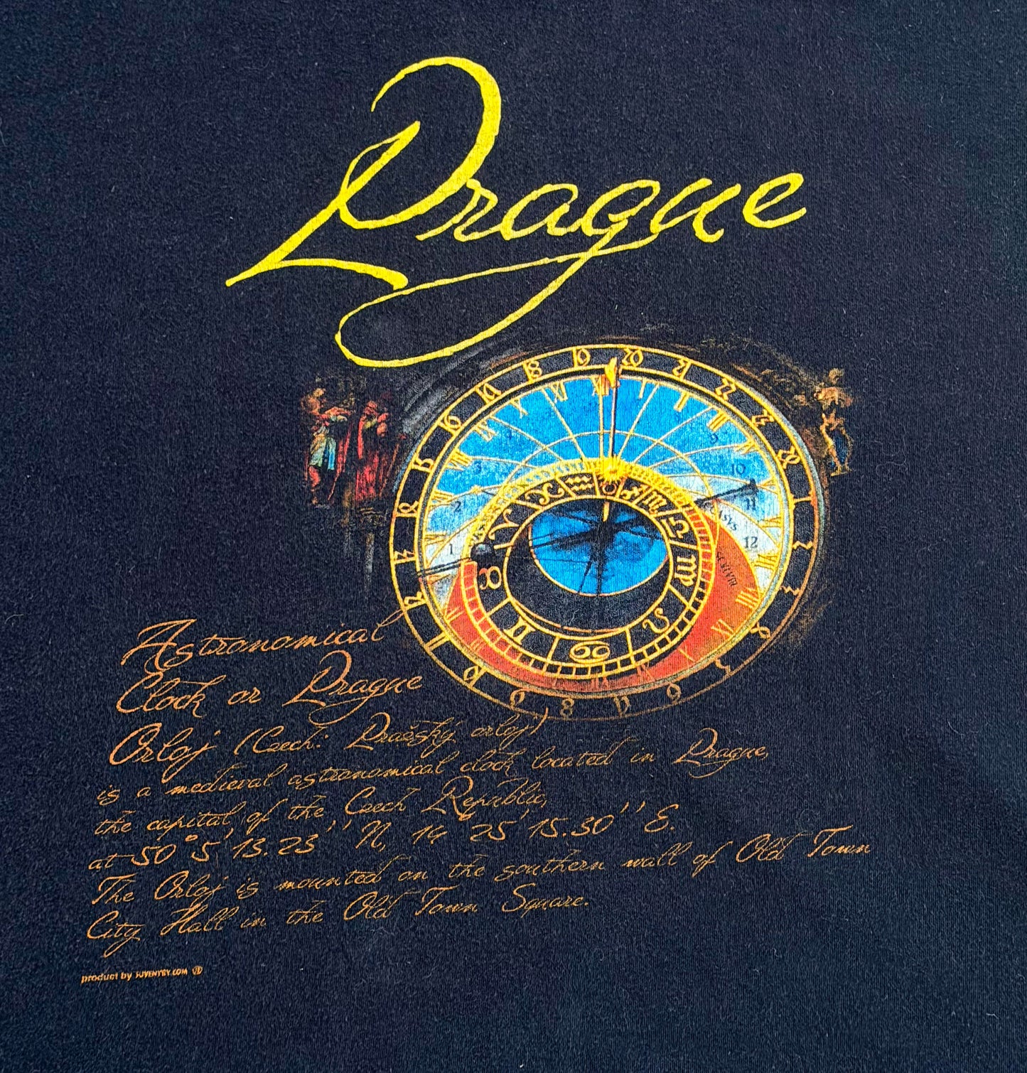Vintage Prague Astronomical Clock Black Tourist T-Shirt, XL