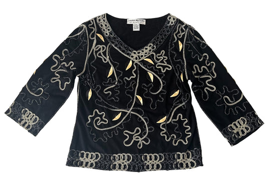 Vintage Lauren Michelle Black Gold Embroidered Sequin Top | 90s Y2K Evening Blouse Medium